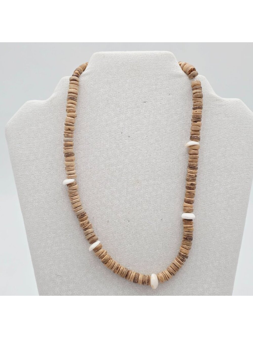 Natural Coconut Shell & White Beaded Necklace With Barrel Clasp 18"